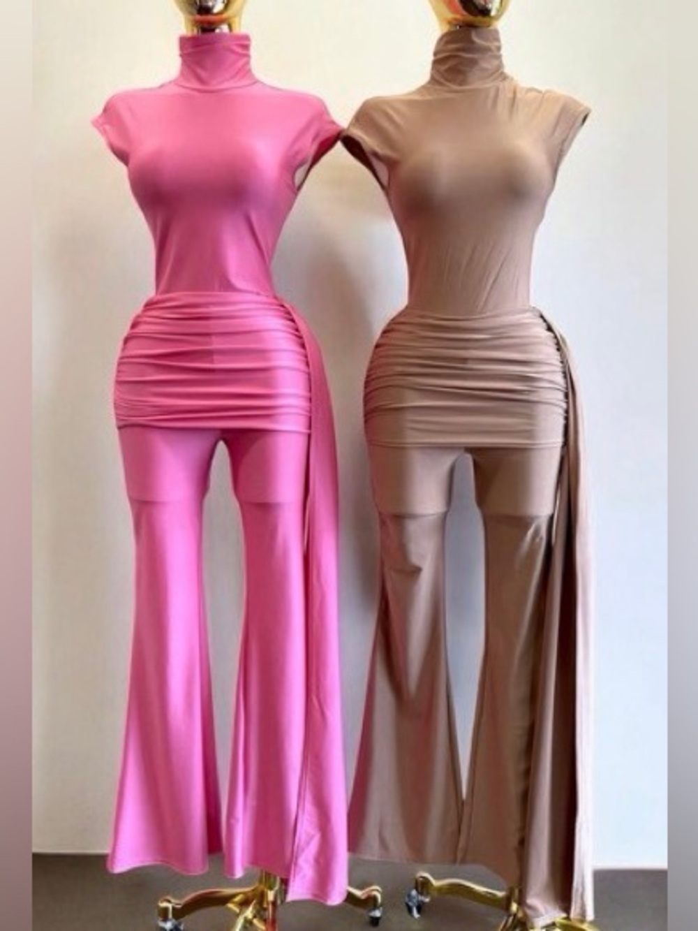 High-Neck Women's Jumpsuit with Draped Side Panel PINK
